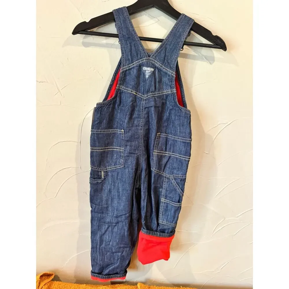 OshKosh B'gosh Dark Blue Denim Overalls with Red fleece Lining